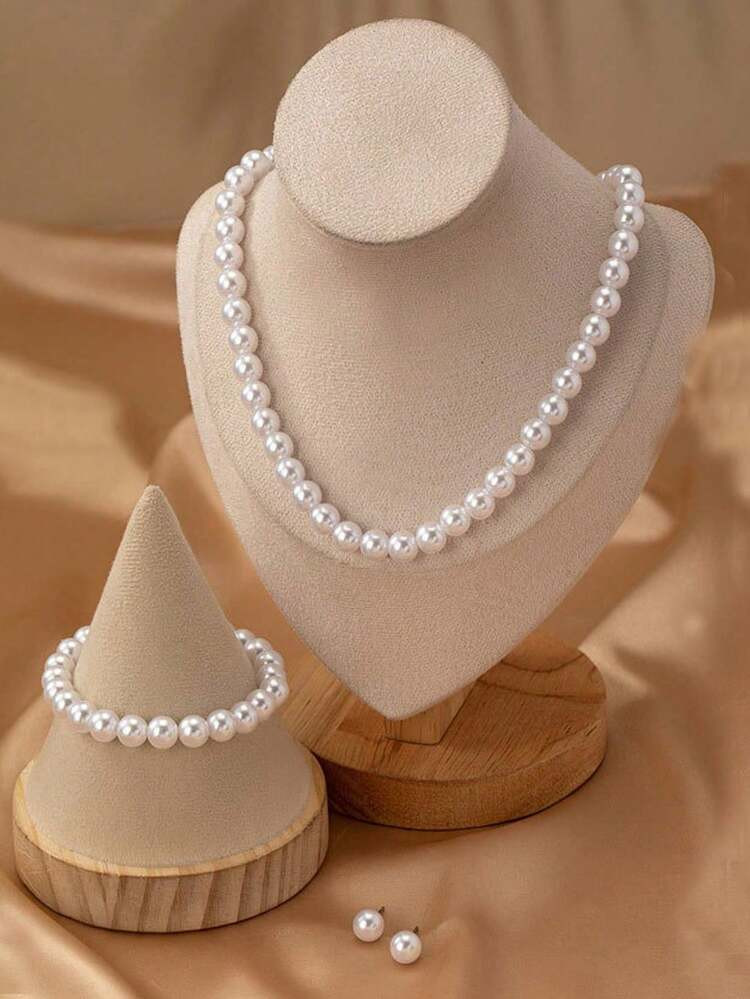 4pcs/Set Girls' Fashion Minimalist Pearl Necklace, Bracelet, Earrings Jewelry Set, Suitable For Daily, Party, Date As Gift | SHEIN