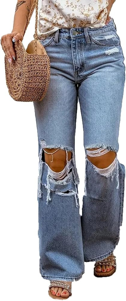 Women's High Waisted Straight Leg Jeans Pants Trendy with Pockets Skinny Stretch Ripped Jeans Des... | Amazon (US)