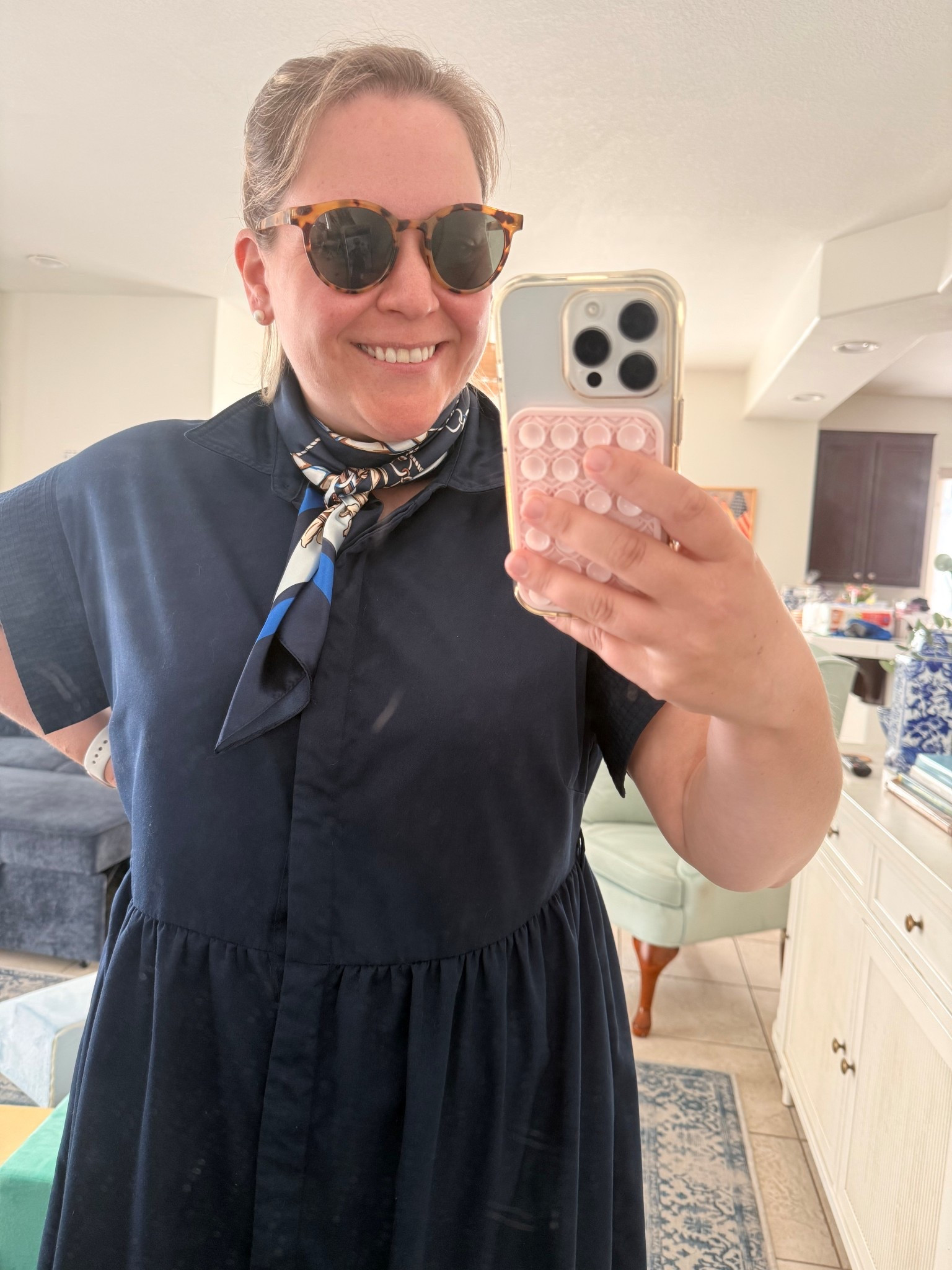 Dusty mirror, postpartum hair fluff, and all! 

But I’m so happy to bring neck scarf ties back into my everyday style 