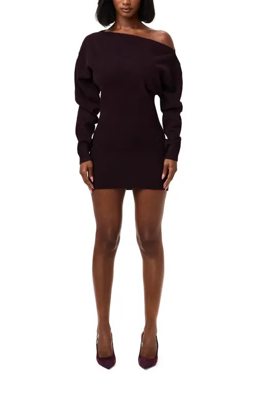 Naked Wardrobe One-Shoulder Long Sleeve Mini Sweater Dress in Dark Berry at Nordstrom, Size Small | Nordstrom