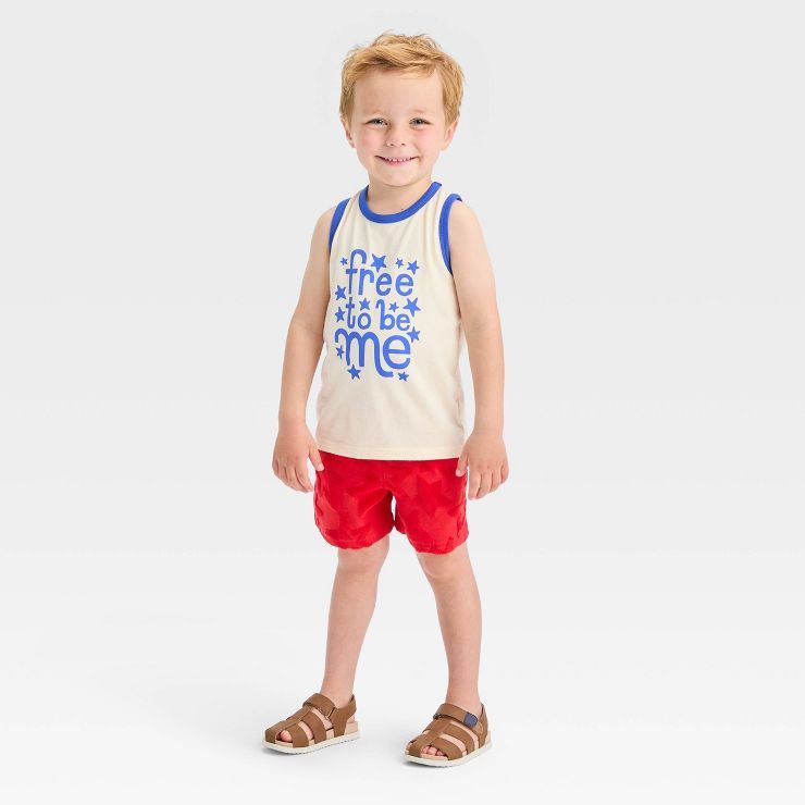 Toddler Boys' Short Sleeve Jersey Tank T-Shirt and Loop Terry Shorts Set - Cat & Jack™ Cream/Re... | Target
