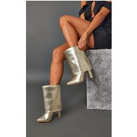 Gold Metallic Pu Fold Over High Point Block Heel Calf Boots | PrettyLittleThing IE