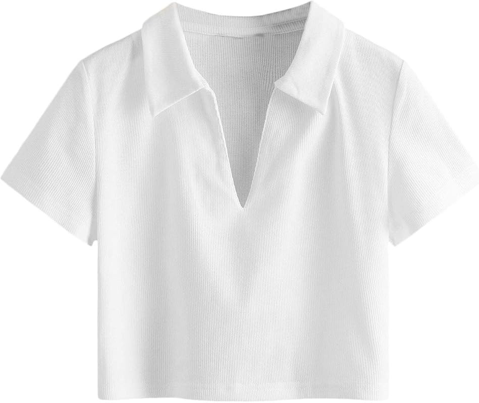 Women's Collar Ribbed Knit Tee Short Sleeve Crop Top T-Shirts | Amazon (US)
