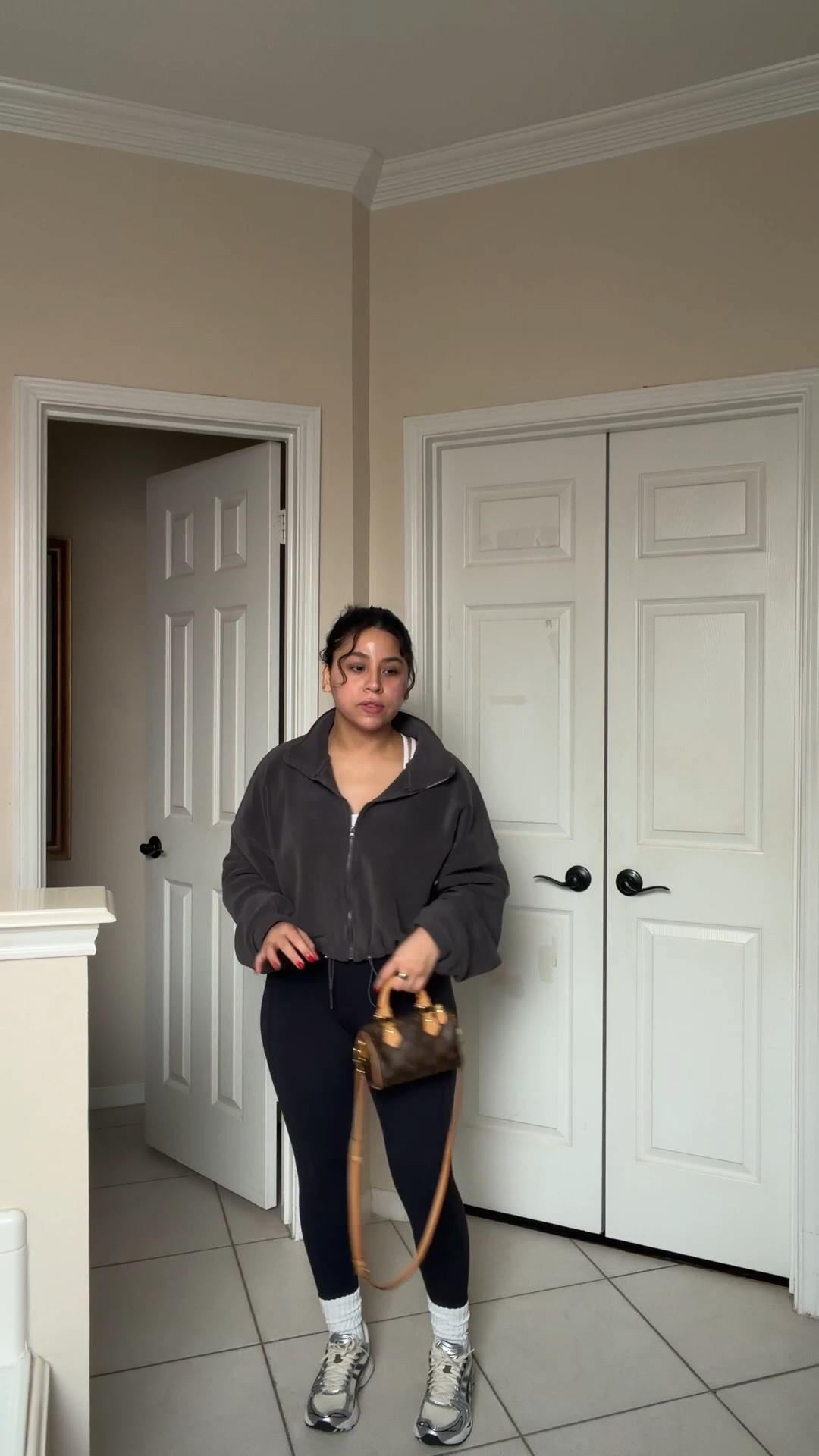 Jacket: small 
Sports bra: small 
Leggings: small 
Sneakers: 5 
Slouchy socks
LV nano speedy 

#LTKgrwm #LTKootd #LTKHoliday