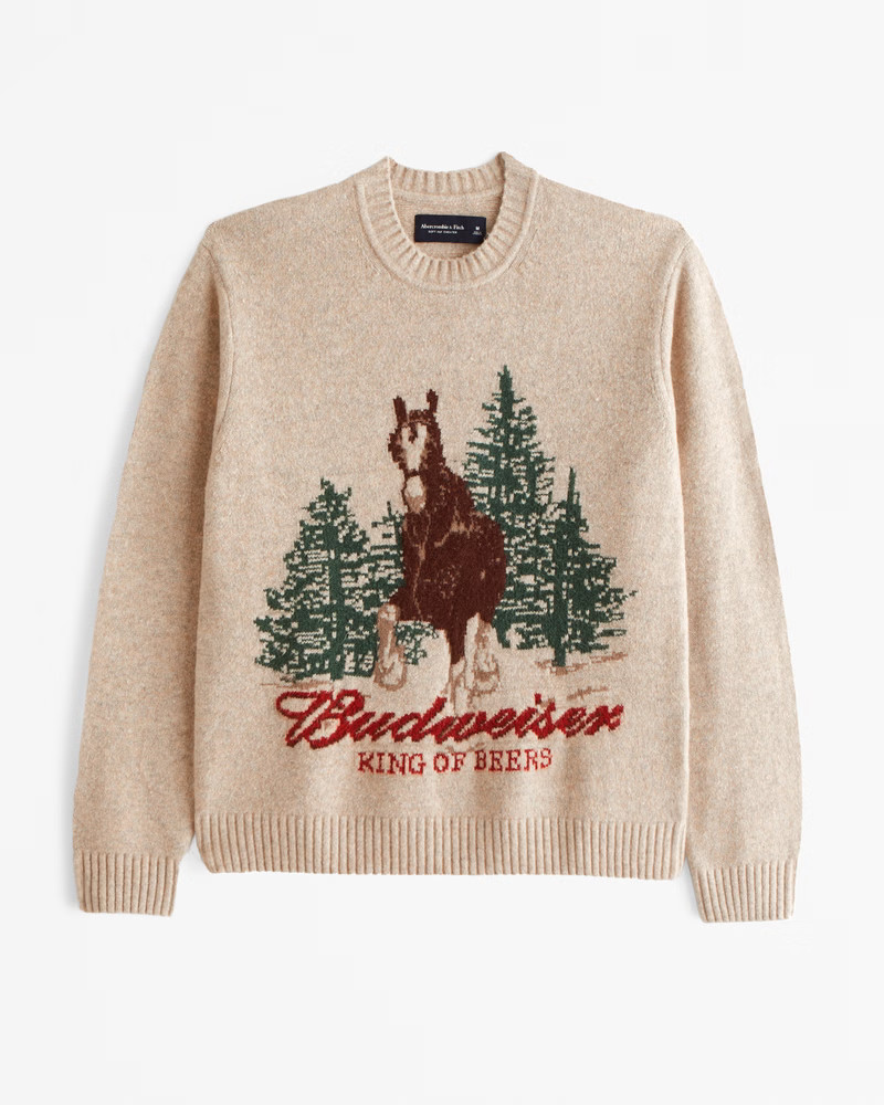 Abercrombie & Fitch Men's Budweiser Graphic Crew Sweater in White Pepper Pattern - Size M | Abercrombie & Fitch (US)