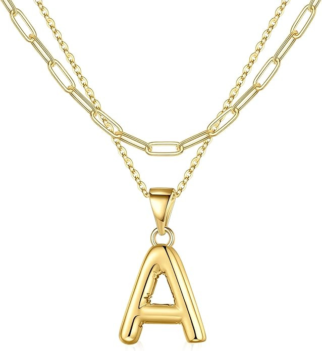 Turandoss Bubble Letter Necklace Gold - Layered Gold Initial Necklaces for Women, Dainty Gold Ini... | Amazon (US)