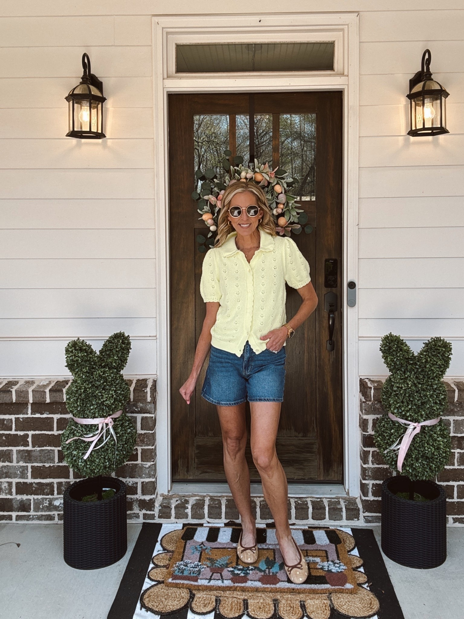 Time and Tru HighRise 5 inch denim shorts under $20 pairs perfectly with this free assembly colorful cardigan also under $30. Wearing a size 0 in shorts. ☀️