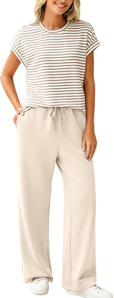 Glamaker Women's 2 Piece Sets Striped Summer Outfits Short Sleeve Shirts Wide Leg Pants Casual Lo... | Amazon (US)