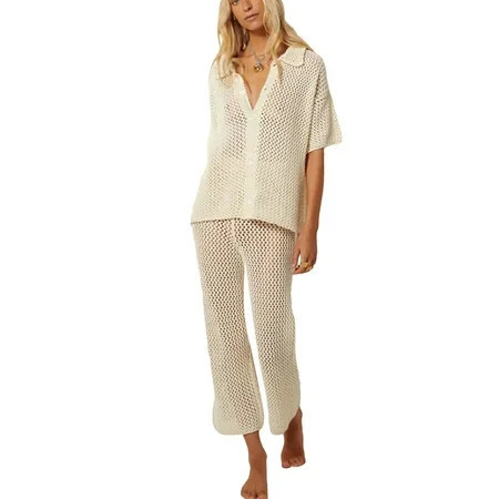 Women Crochet Pants Set Hollow Out V Neck Shirt and Wide Leg Pants | Walmart (US)