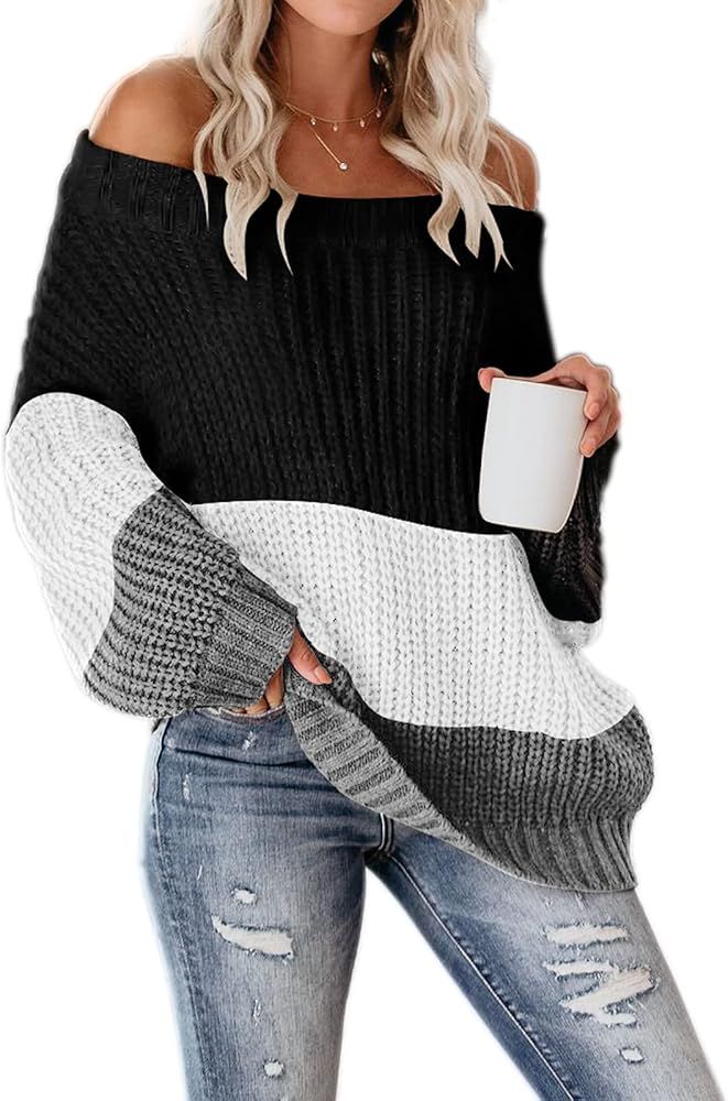 VIMPUNEC Womens Oversized Sweater Color Block Off The Shoulder Pullover Sweaters Cable Knit Chunky S | Amazon (US)