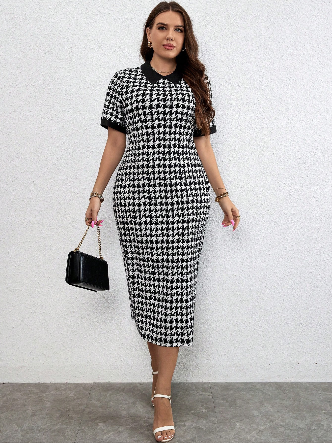 Plus Houndstooth Print Contrast Collar Dress | SHEIN USA | SHEIN