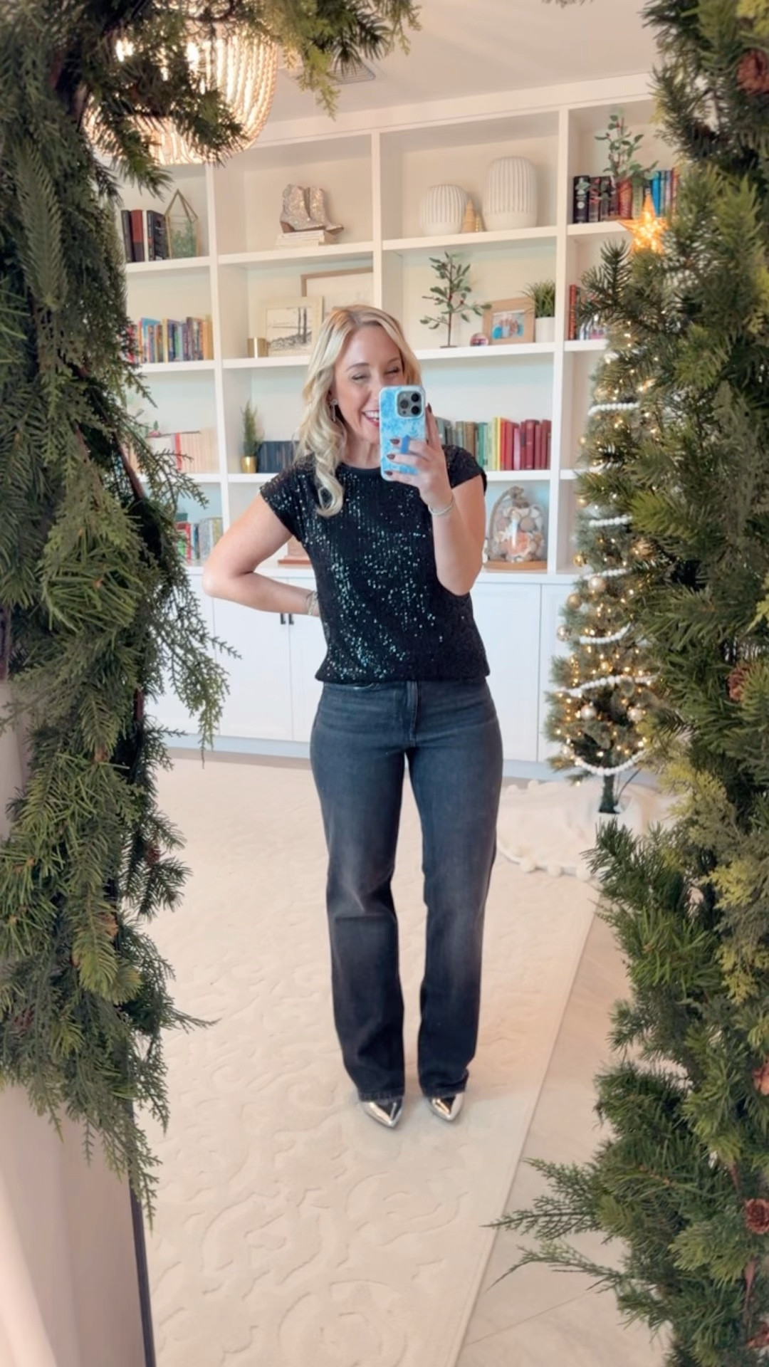 • Black high-rise sparkle, relaxed, straight jean - size 4. 30% off.
• Sequin short sleeve tee - size XS. 30% off
(Faux leather moto jacket - size small (black) 50% off.

#LTKWatchNow #LTKHoliday #LTKSeasonal