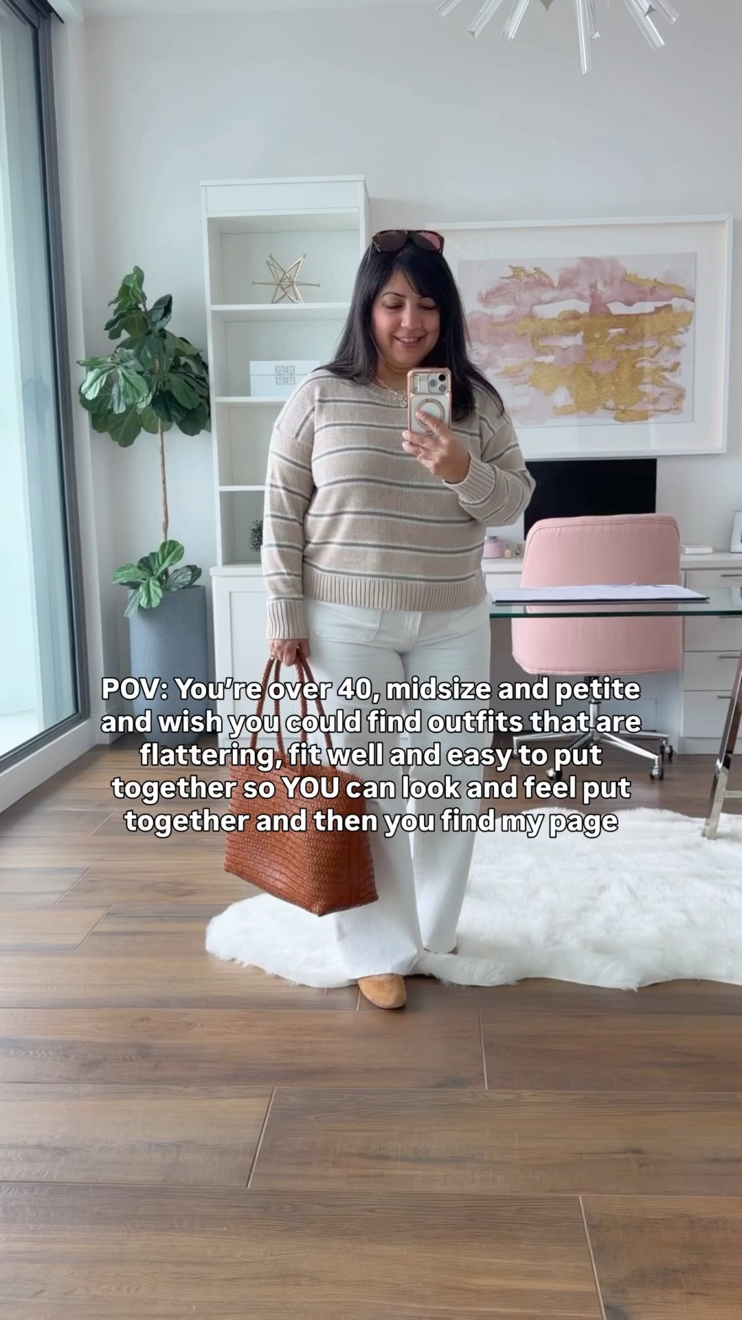 A simple, polished outfit that actually works for a midsize petite frame. Great for everyday casual wear or even work wear if you can wear jeans to work. These white jeans are perfect if you’re looking for a pair that’s stretchy, comfortable, flattering and not see-through! I highly recommend them!

Madewell striped linen sweater size large. Madewell white wide leg jeans size 32 Short. Madewell Remy brown suede Mary Jane ballet flats. Madewell woven leather tote bag. Madewell aviator sunglasses.

Spring outfits 2026. Workwear outfits. Business casual workwear. Work outfits. Jeans for work. Summer outfits 2026. Travel outfits. 

#LTKOver40 #LTKPetite #LTKMidsize