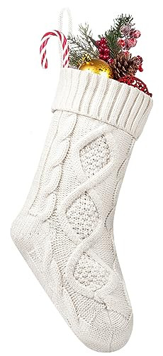 1 Pack Christmas Stockings, 14 Inches Cable Knitted Stocking Gifts & Decoration for Family Holiday Xmas Party Decor, Ivory White | Amazon (US)