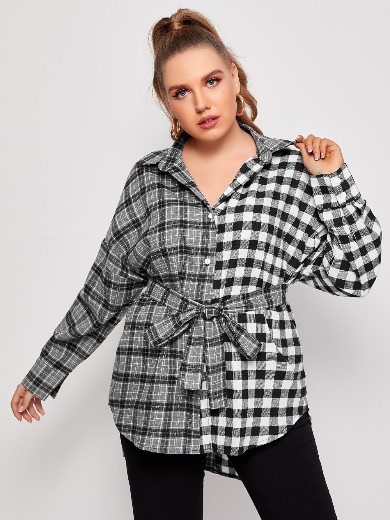 Plus Gingham & Plaid Belted Tunic Blouse | SHEIN