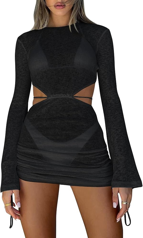 Kaximil Women's Swimsuit Coverup Long Sleeve Sexy Beach Cover Ups Mini Dress Swimwear | Amazon (US)