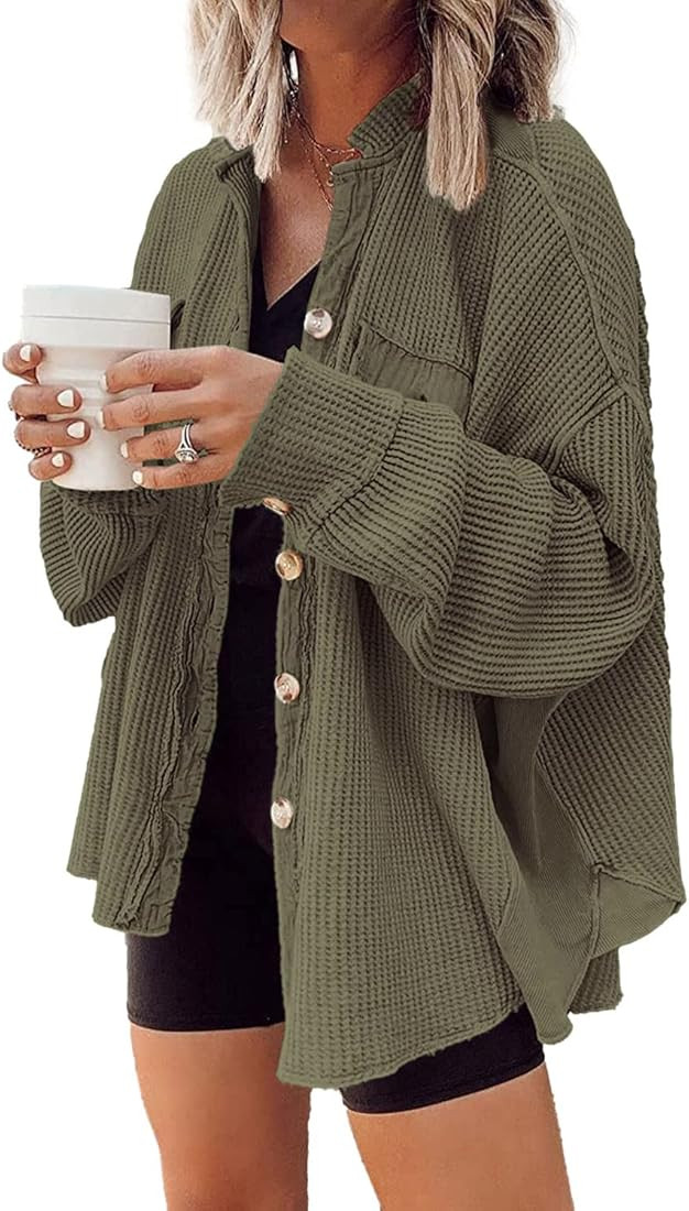 Womens Waffle Knit Shacket Boyfriend Shirt Jacket Button Down Blouse Loose Fit Long Sleeve Tops with | Amazon (US)