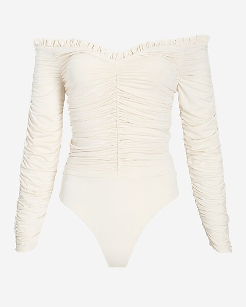 Body Contour Compression Off The Shoulder Ruched Thong Bodysuit | Express