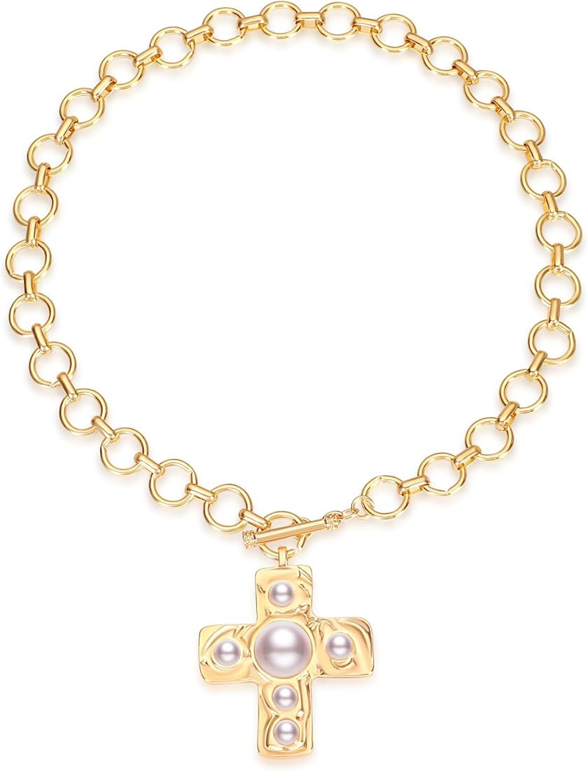 MQV Cross Necklace Chunky Statement Gold Cross Pendant Necklace Hammered Bold Cross Necklace Thic... | Amazon (US)