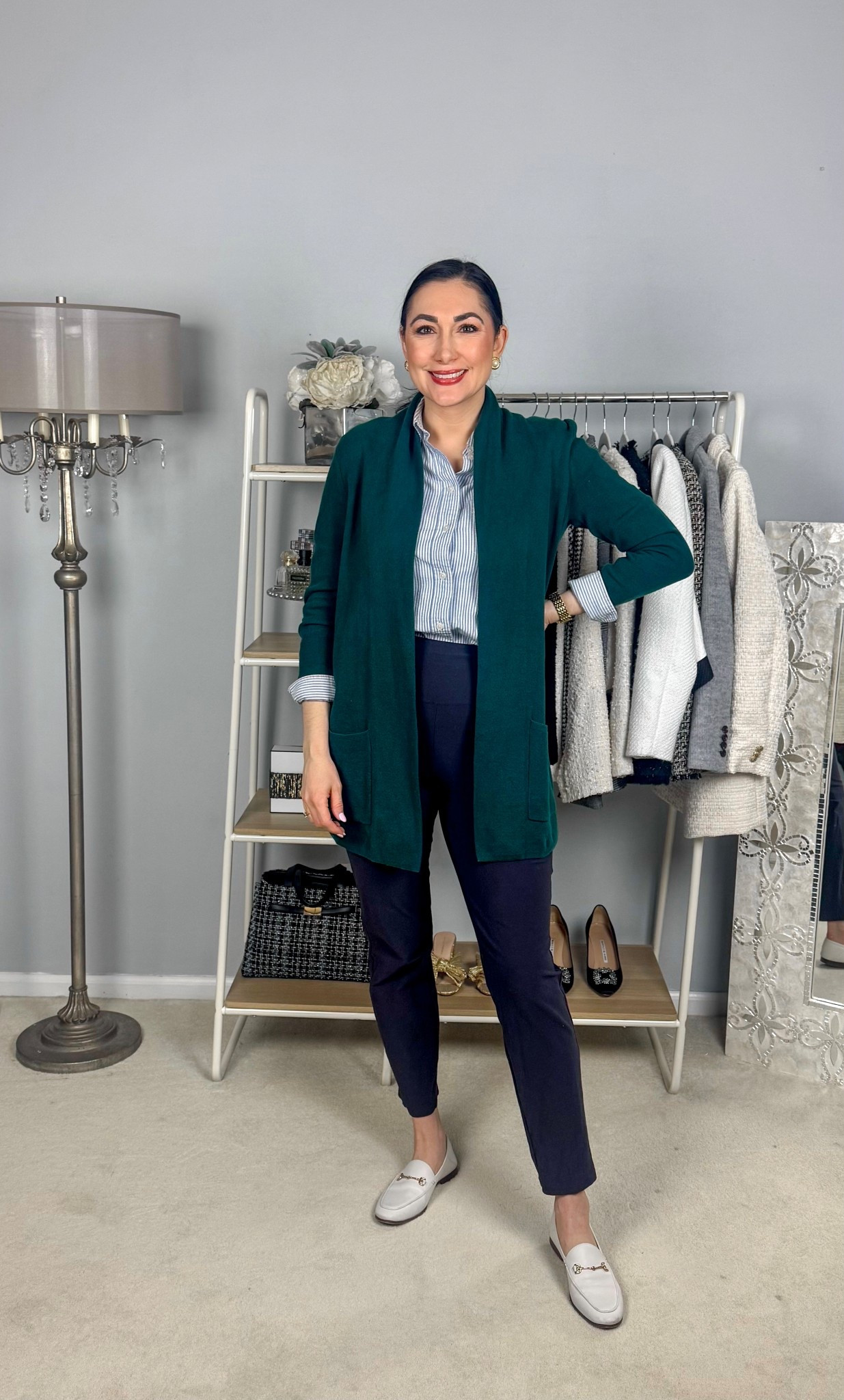 Business casual work outfit of the day 💚💙☘️ Happy St Patrick’s Day!

Green cardigan 
Blue and white collared button up top 
Navy stretch pants 
White loafers (so comfy)

Work wear 
Office outfit 



#LTKootd #LTKWorkwear