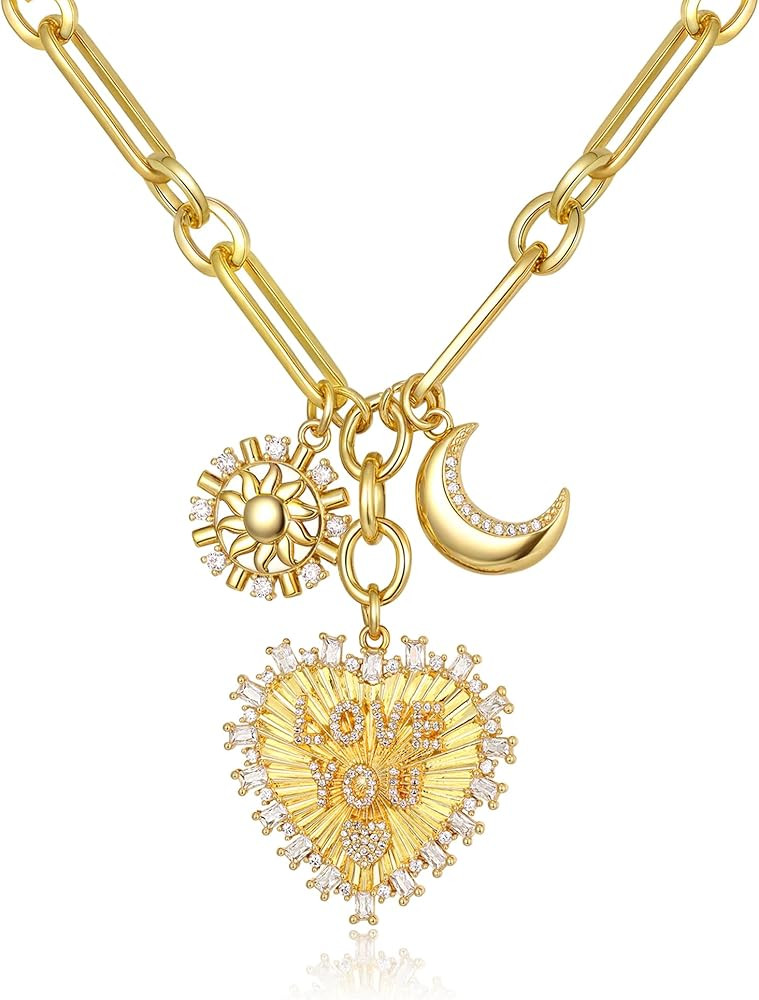 BriLove Chunky Gold Necklace for Women, Charm Trendy Sun Moon Circle Flower Heart Choker Pendants... | Amazon (US)
