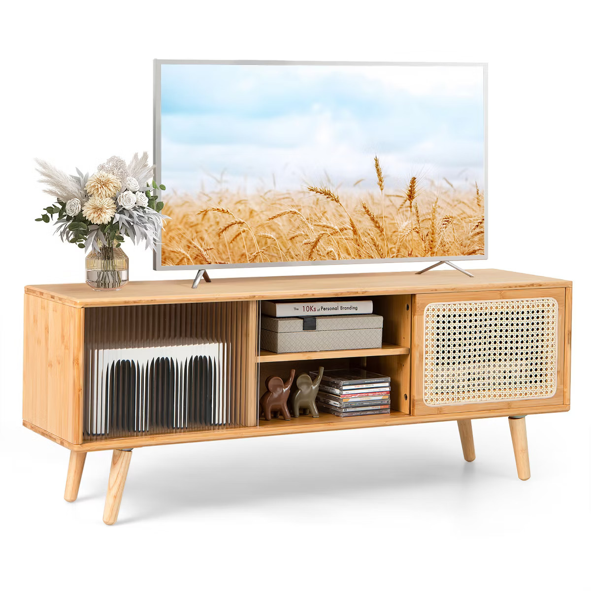 Costway Modern TV Stand Entertainment Center Media Console w/Rattan  Glass Sliding Doors | Target