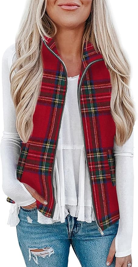 Rapbin Women's Plaid Outerwear Vests Tops Zip Up Collared Sleeveless Jacket with Pockects | Amazon (US)