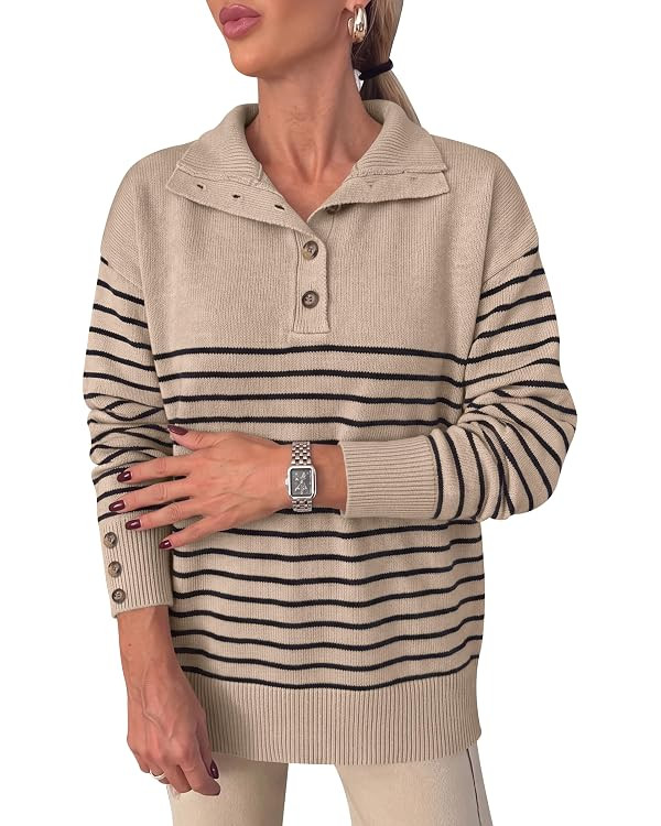 ANRABESS Women's Long Sleeve Striped Henley Fall Sweater | Amazon (US)