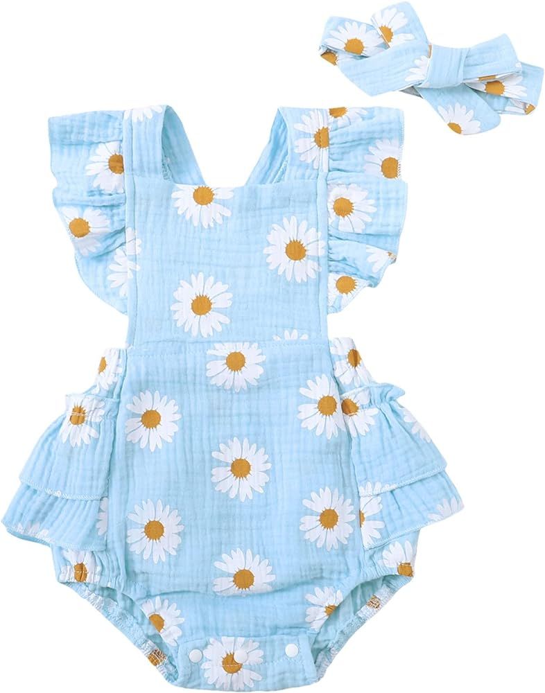 Newborn Baby Girl Clothes Daisy Ruffled Sleeve Romper Infant Summer Clothes | Amazon (US)