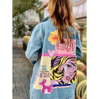 Comics Printed Jean Jacket, Upcycled Oversized Designer Denim Coat, Shabby Chic Clothing, Mid-Wash Distressed Outerwear, Vintage | Etsy (US)