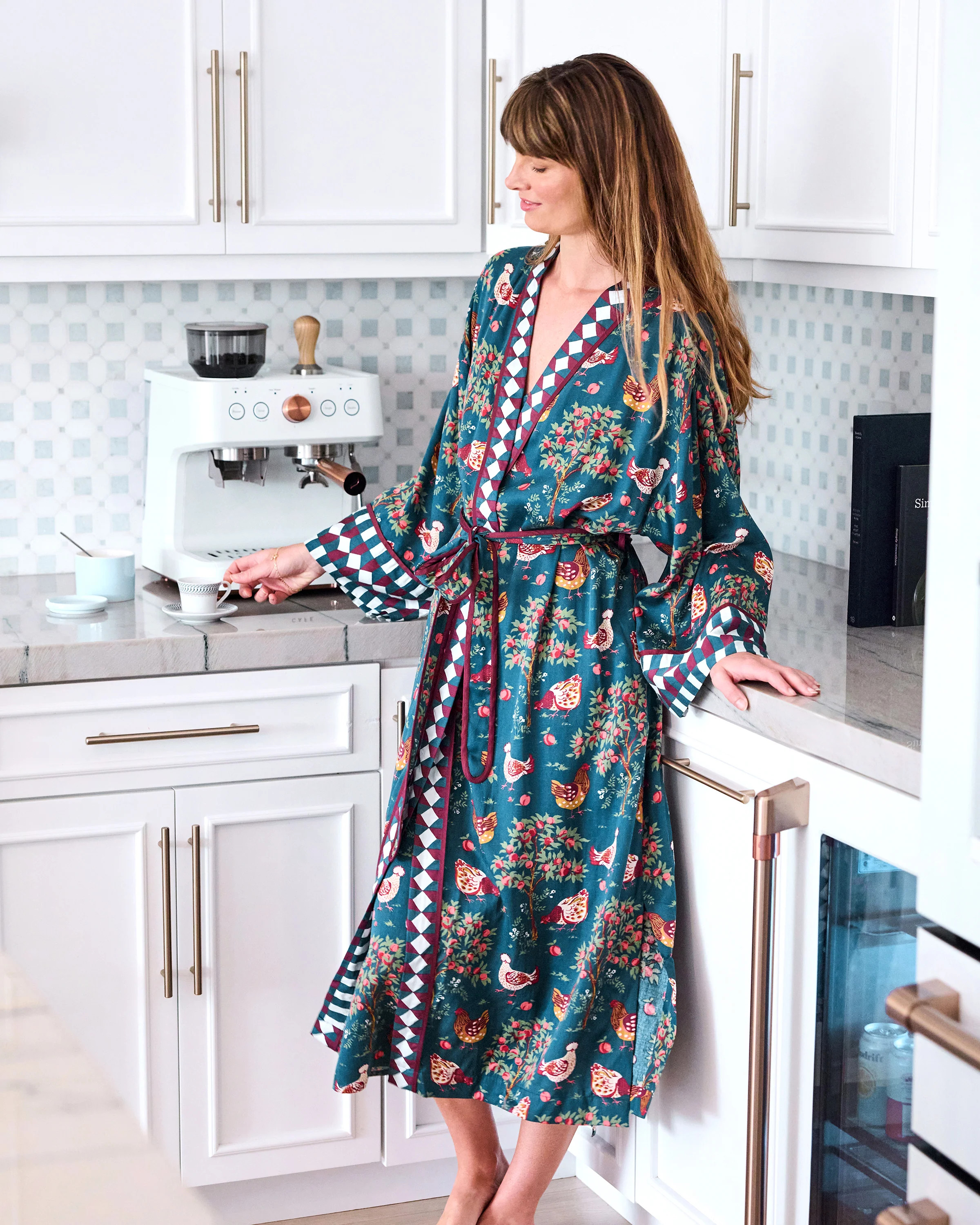 Eco Silky Robe in Hen House | Women's XXS/XS | Navy | | Sleepwear | Printfresh