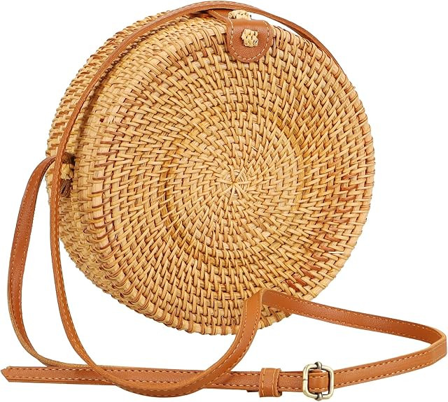 Hossejoy Handwoven Round Rattan Purse for Women, Adjustable Leather Shoulder Strap, Boho Straw Be... | Amazon (US)