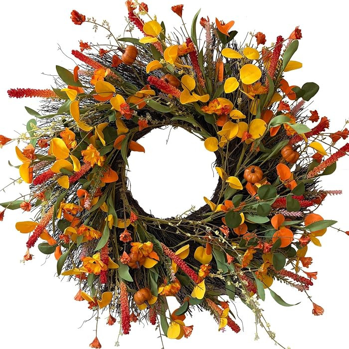 24 Inch Fall Wreath for Front Door, Autumn Wreath with Mini Pumpkin | Amazon (US)