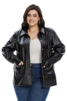 Fahsyee Women Faux Leather Shacket Moto Biker Shirts Loose Fit Blazer Long Sleeves Button Casual ... | Amazon (US)