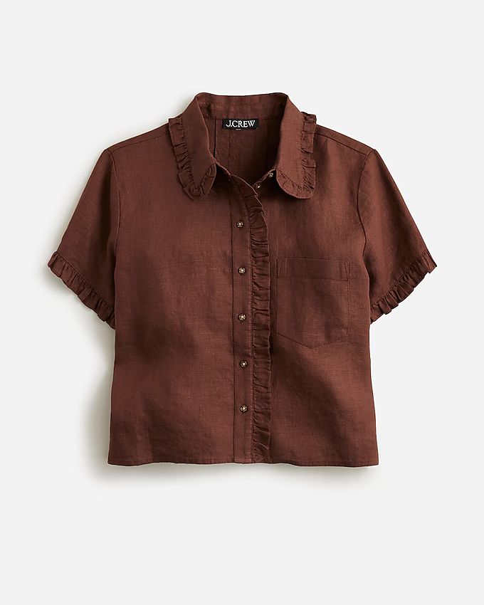 Ruffle-trim button-up shirt in linen | J.Crew US