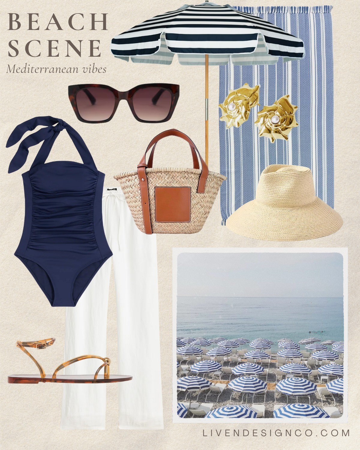 Beach outfit. Navy swimsuit. Mediterranean. Striped beach umbrella. Beach towel. Shell earrings. Straw tote. Straw hat. Linen pants. Jelly sandals. Sunglasses 

#LTKSeasonal #LTKSaleAlert #LTKTravel