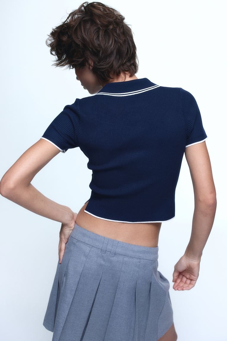 Rib-knit collared top - Dark blue - Ladies | H&M GB | H&M (UK, MY, IN, SG, PH, TW, HK)