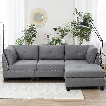 YODOLLA 88.6 Gray Sectional Sofa with Ottoman L Shape Tufted Living Room Couch with Chaise | Walmart (US)