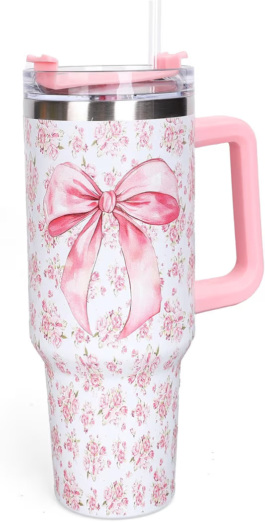 Whaline 40oz Pink Bow Floral Tumbler with Handle Straw and Lid Coquette Bowknot Travel Tumbler Wa... | Amazon (US)