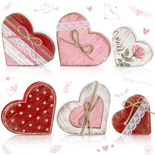 Beeveer 6 Pcs Valentine's Day Wooden Heart Signs Tiered Tray Decor with Bow Wood Heart Shape Table Blocks for Party Home Office Table Shelf Decor for Valentine's Day | Amazon (US)