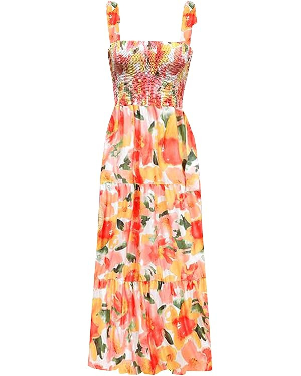 kinstell Women's Summer Boho Spaghetti Strap Square Neck Ruffle Casual Flowy Long Dress Beach Swi... | Amazon (US)