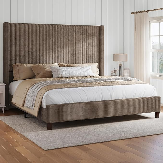 HOWE Upholstered King Size Bed Frame with 61" Wingback Headboard, Chestnut | Amazon (US)