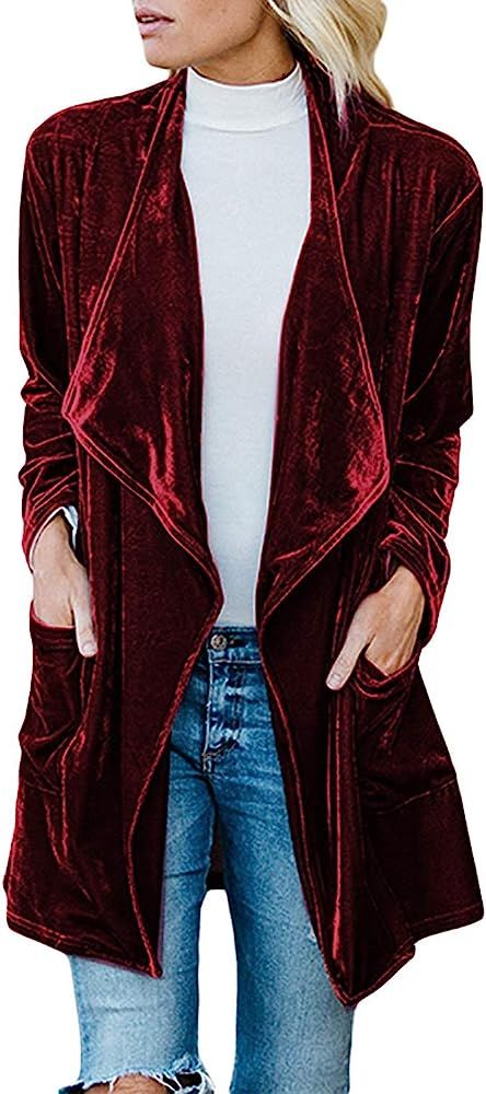 futurino Women's Solid Long Sleeve Velvet Jacket Open Front Cardigan Coat with Pockets Outerwear... | Amazon (US)