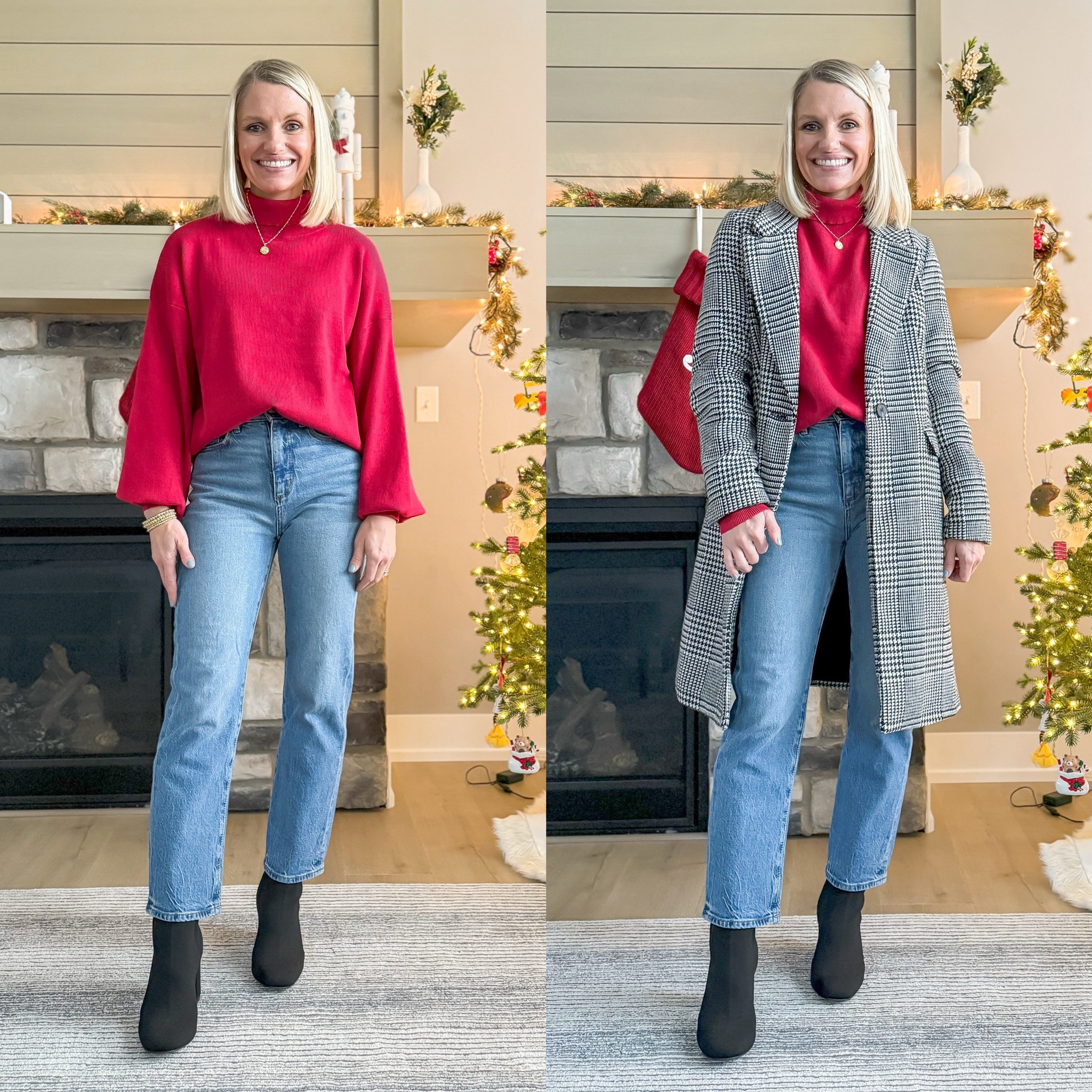Casual outfit with jeans and a red sweater. Sweater- xs || jeans- 24/petite || coat- xs

#LTKHoliday #LTKStyleTip #LTKSeasonal