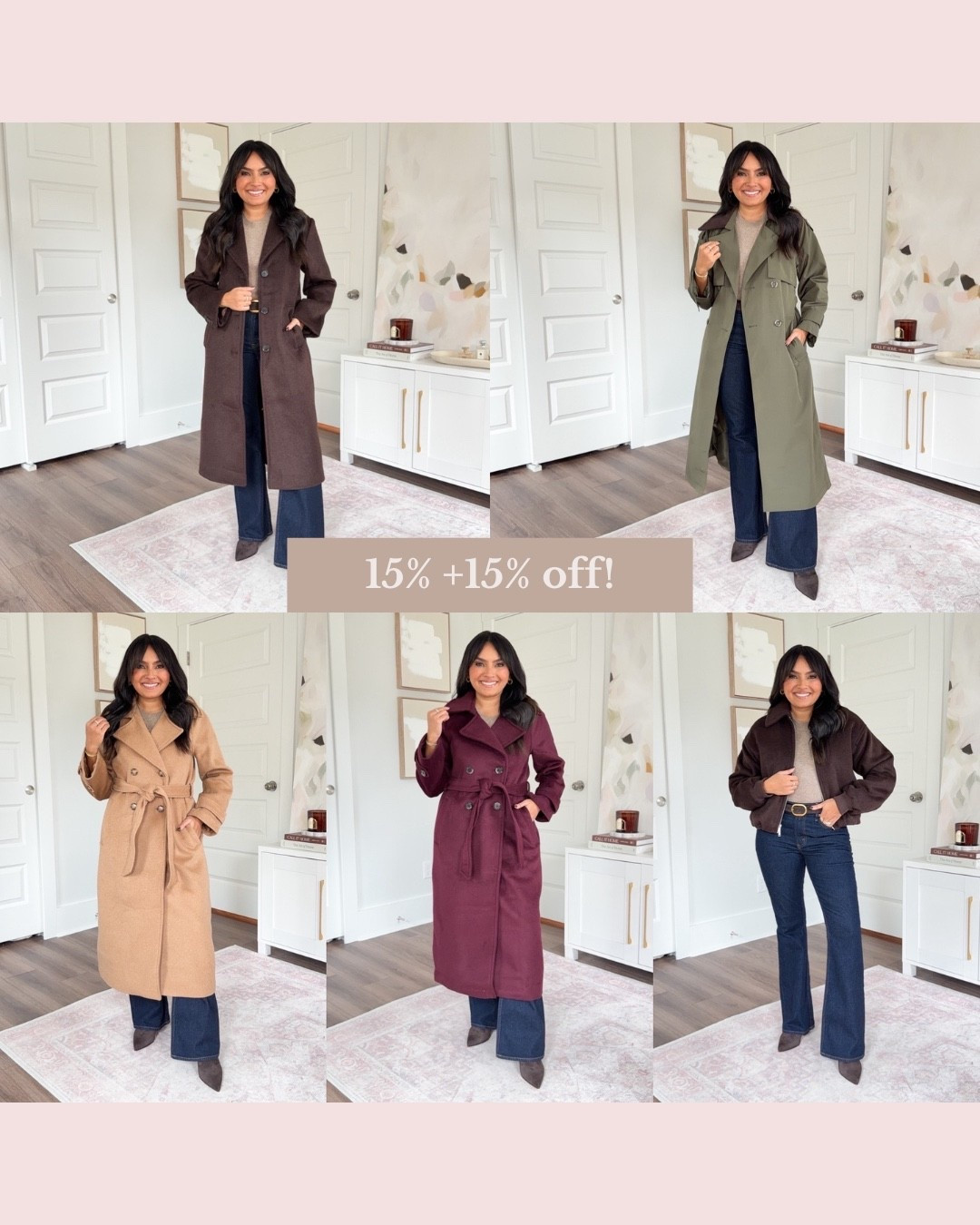 Petite Fall Capsule Wardrobe Coats - Code AFFLEECE for an extra 15% off through 10/13
For reference: I’m 5’0, 32b bra size, and 2/26 in bottoms, pear shaped. 
*Everything I share is unaltered! TTS means true to size.

Camel coat size xs petite TTS
Red wine burgundy coat size xs petite
Dark coffee brown coast size xs petite TTS
Olive green grape leaf trench coast size xs petite TTS
Dark coffee brown bubble hem jacket size xs petite TTS
Light brown sweater size xxs TTS
Dark rinse mid rise bootcut jeans size 26 short TTS
Dark brown boots size 5.5 TTS
Dark brown belt size 27”-31” TTS 



fall coats
fall jackets
petite fall coats
petite fall jackets
petite outerwear
petite style
fall outfit ideas
coat trends 2025
jacket trends 2025
chic fall coats
neutral fall jackets
elevated fall style
petite fashion
affordable fall fashion
classic fall coats
classic fall jackets
everyday fall outfits
fall capsule wardrobe
petite friendly coats
petite friendly jackets



#LTKSaleAlert #LTKPetite #LTKStyleTip