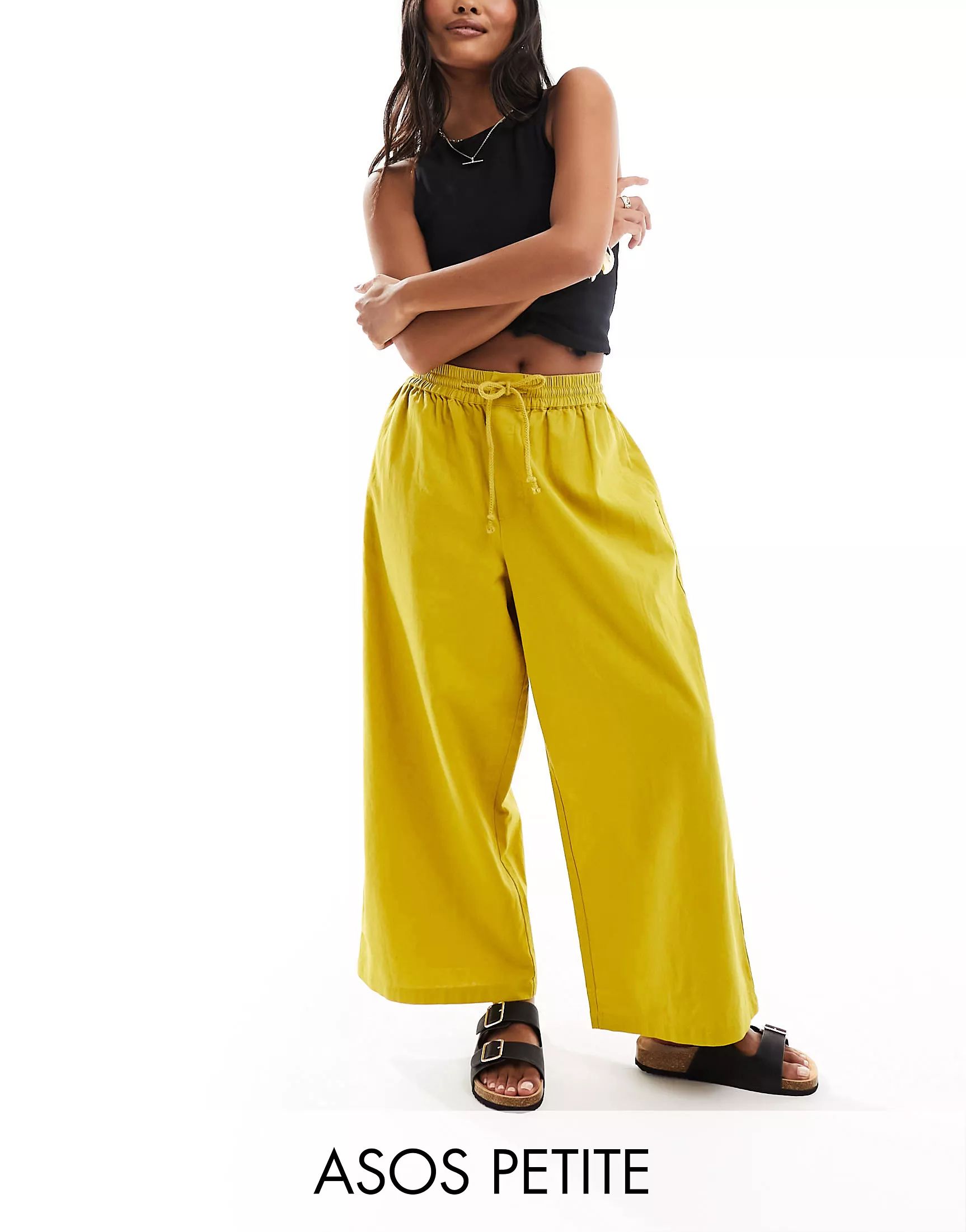 ASOS DESIGN Petite pull on barrel leg pants with linen in chartreuse | ASOS (Global)