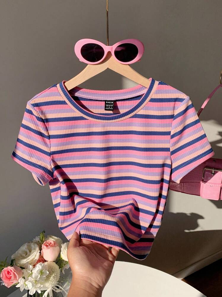 Comfortcana Women's Crew Neck Short Sleeve Striped Casual Top, Everyday Wear | SHEIN