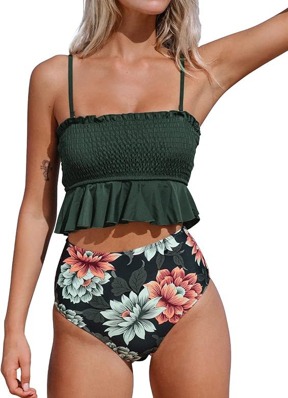CUPSHE Women's High Waist Bikini Swimsuit Ruffle Two Piece Bathing Suit | Amazon (US)