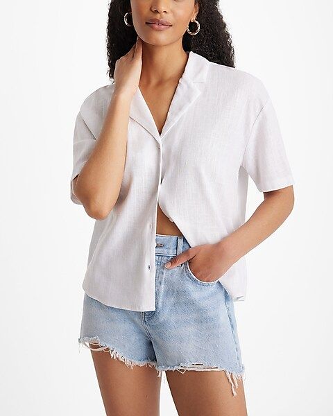 Linen-Blend Short Sleeve Button Up Boxy Shirt | Express