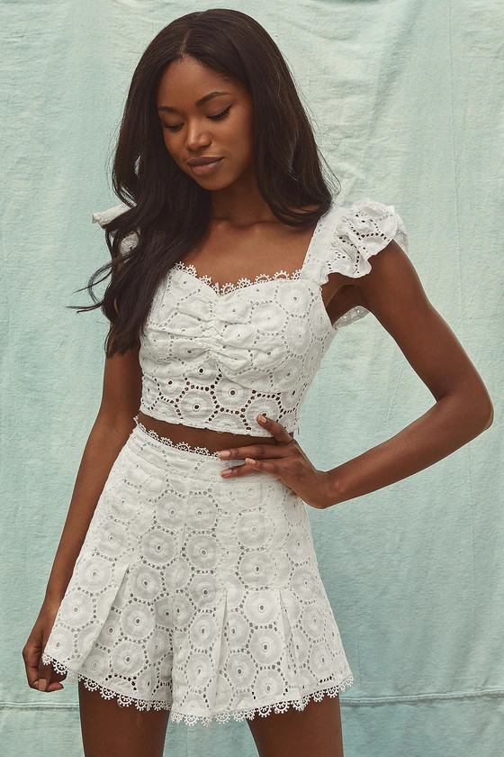 Time for Sunshine White Eyelet Lace High-Waisted Shorts | Lulus (US)